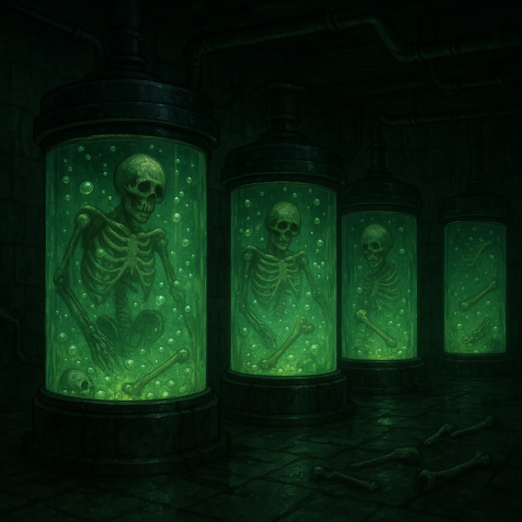A group of glass jars with skeletons inside

AI-generated content may be incorrect.